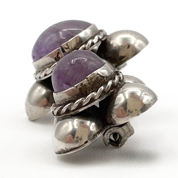 Early Vintage Mexican Sterling Silver Triple Amethyst Brooch Marked MR Mexico - Picture 8 of 12
